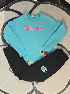 Champion Women or Big Girl Crewneck Sweatshirt & Joggers Set - Aqua Blue & Black